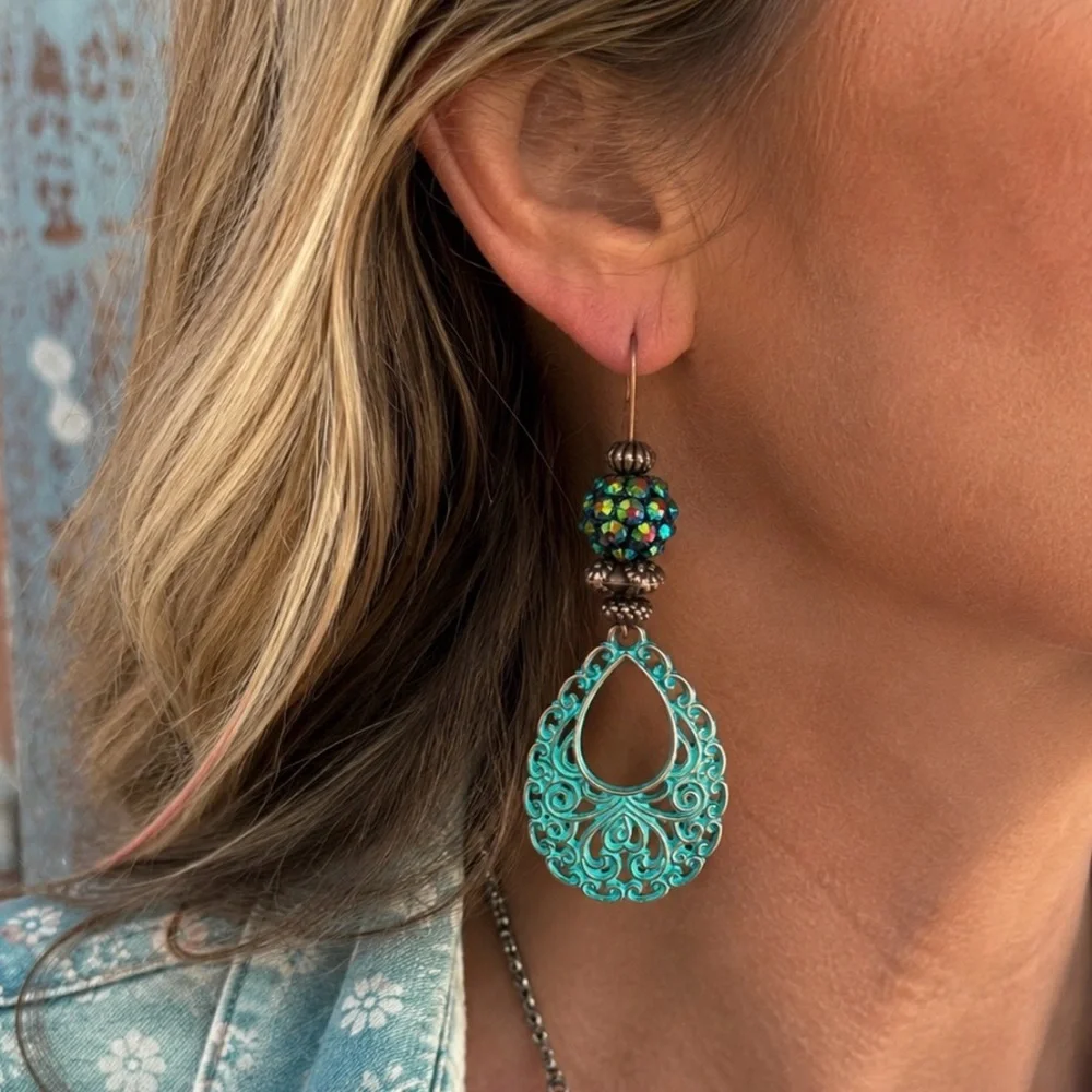Artisan Patina Teardrop Earrings Vintage Crystal Beads Boho Western 3”